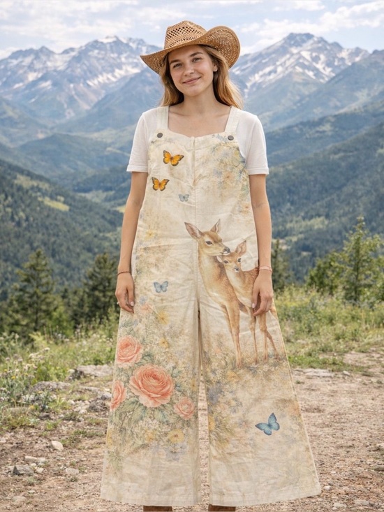 Kantha Bibs Other - Cream Floral & Deer Print Wide-Leg Overalls